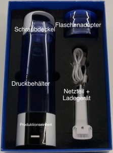 Highdrogen Age2Go Wasserstoffbooster | BlueWater-900-Lieferumfang-Schraubdeckel-Druckbehaelter-Flaschenadapter-Netzteil-Ladegeraet