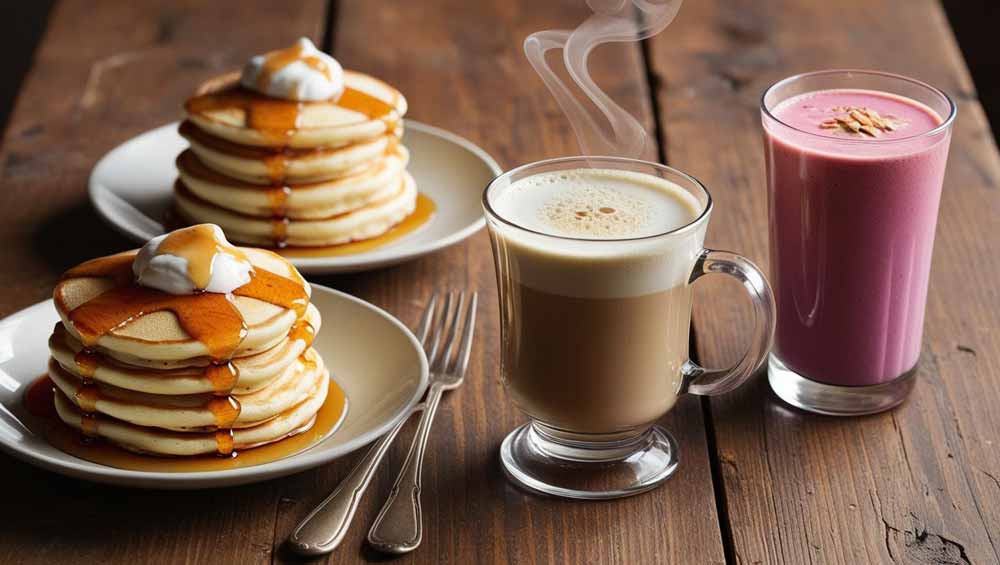 Mandelmilch-Pancakes,-Mandelmilch-Kaffee-Latte,-Mandelmilch-Smoothie_