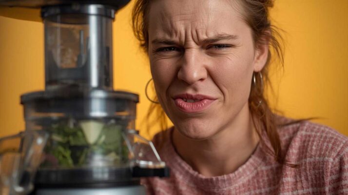 ein-Mensch-nimmt-beim-Saftpressen-mit-einem-Slow-Juicer-unangenehme-quietschende-Geräusche-wahr-und-verzieht-das-Gesicht.