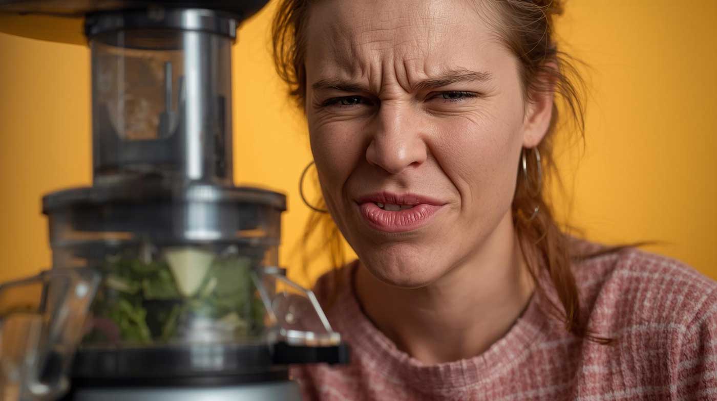ein-Mensch-nimmt-beim-Saftpressen-mit-einem-Slow-Juicer-unangenehme-quietschende-Geräusche-wahr-und-verzieht-das-Gesicht.