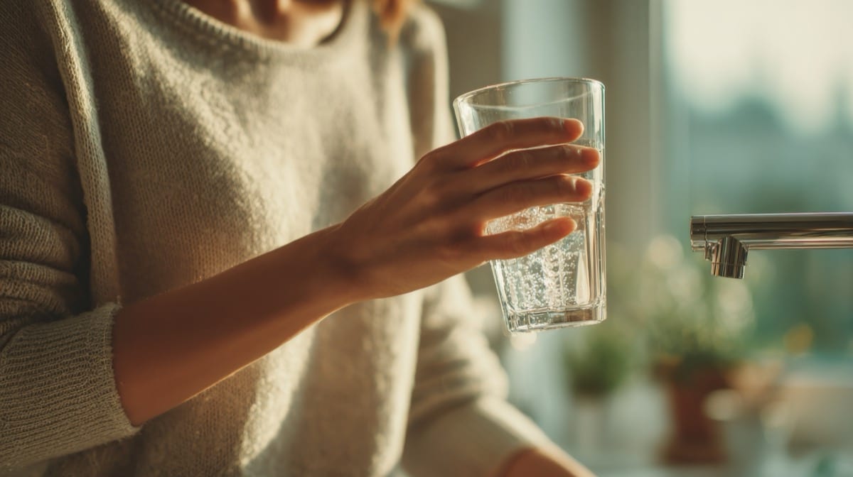 Frau füllt ein Glas mit gefiltertem Leitungswasser aus einem Untertisch-Wasserfilter